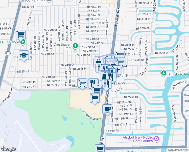 map of restaurants, bars, coffee shops, grocery stores, and more near 2315 North Federal Highway in Pompano Beach