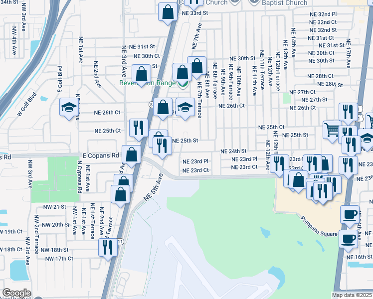 map of restaurants, bars, coffee shops, grocery stores, and more near 641 Northeast 23rd Place in Pompano Beach