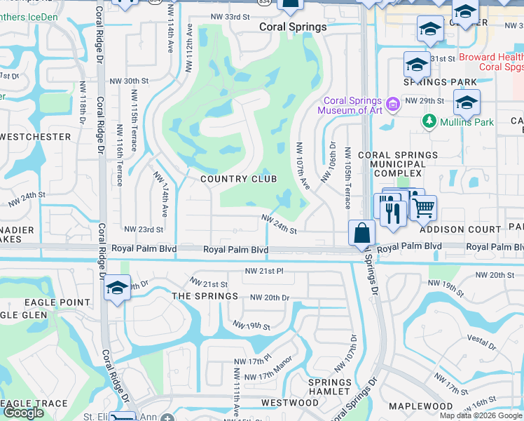 map of restaurants, bars, coffee shops, grocery stores, and more near 2399 Northwest 110th Avenue in Coral Springs