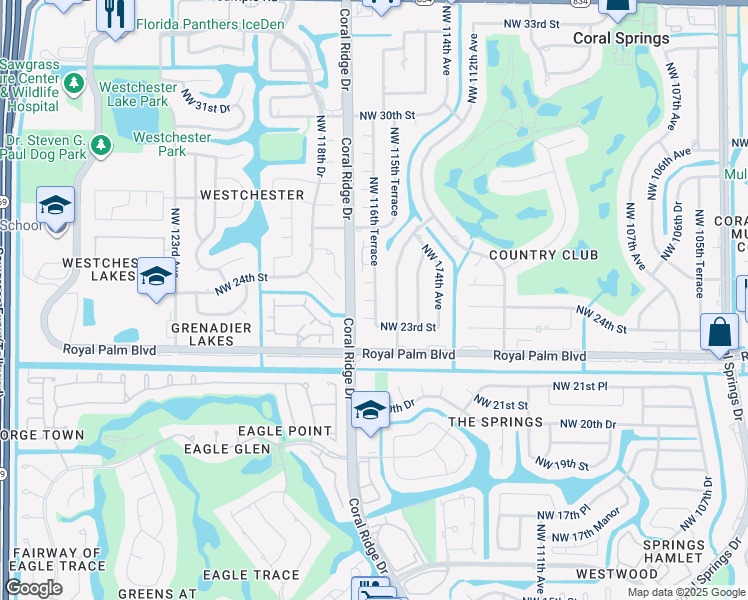 map of restaurants, bars, coffee shops, grocery stores, and more near 11617 Northwest 23rd Court in Coral Springs