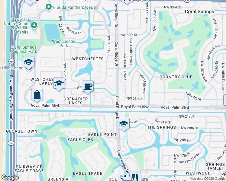 map of restaurants, bars, coffee shops, grocery stores, and more near 2400 Northwest 118th Terrace in Coral Springs
