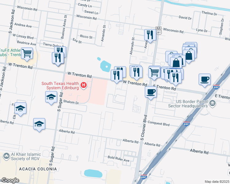 map of restaurants, bars, coffee shops, grocery stores, and more near 4499 Professional Drive in Edinburg