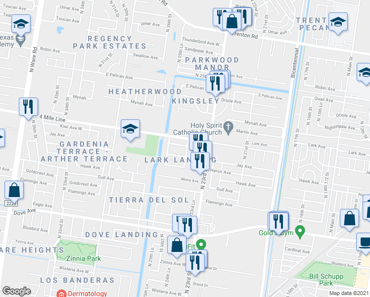 map of restaurants, bars, coffee shops, grocery stores, and more near 1403 Kiwi Avenue in McAllen