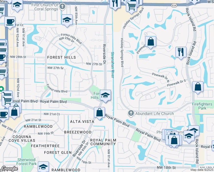 map of restaurants, bars, coffee shops, grocery stores, and more near 2401 Riverside Drive in Coral Springs