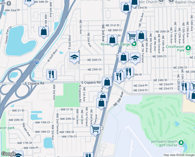 map of restaurants, bars, coffee shops, grocery stores, and more near in Pompano Beach