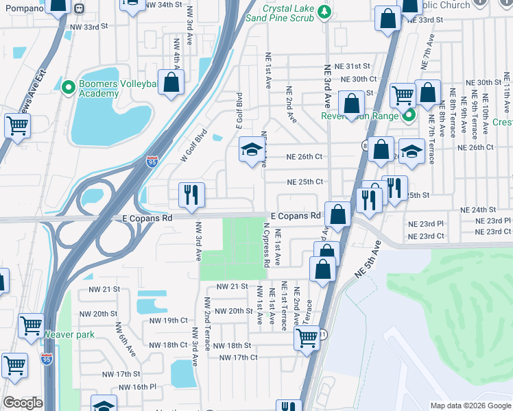 map of restaurants, bars, coffee shops, grocery stores, and more near 100 Northwest 24th Court in Pompano Beach