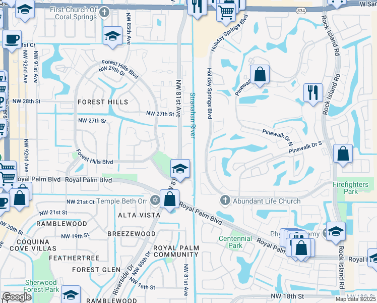 map of restaurants, bars, coffee shops, grocery stores, and more near 2401 Riverside Drive in Coral Springs