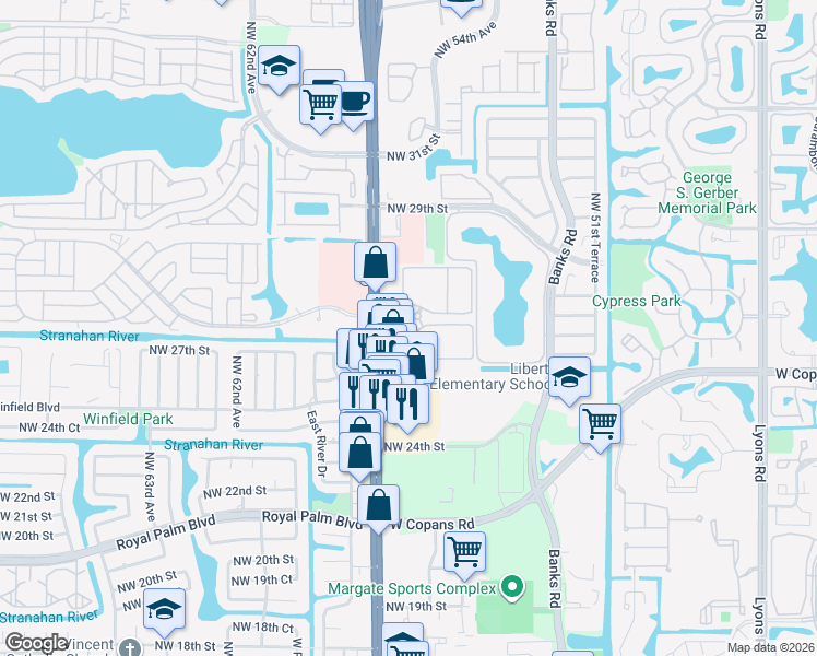 map of restaurants, bars, coffee shops, grocery stores, and more near 5500 Celebration Pointe Boulevard in Margate