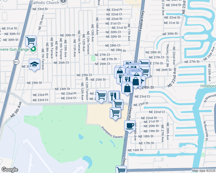 map of restaurants, bars, coffee shops, grocery stores, and more near 2481 Northeast 15th Avenue in Pompano Beach