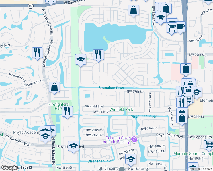 map of restaurants, bars, coffee shops, grocery stores, and more near 6524 Northwest 29th Street in Margate