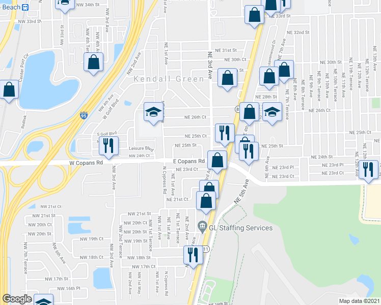 map of restaurants, bars, coffee shops, grocery stores, and more near 2421 Northeast 2nd Avenue in Pompano Beach