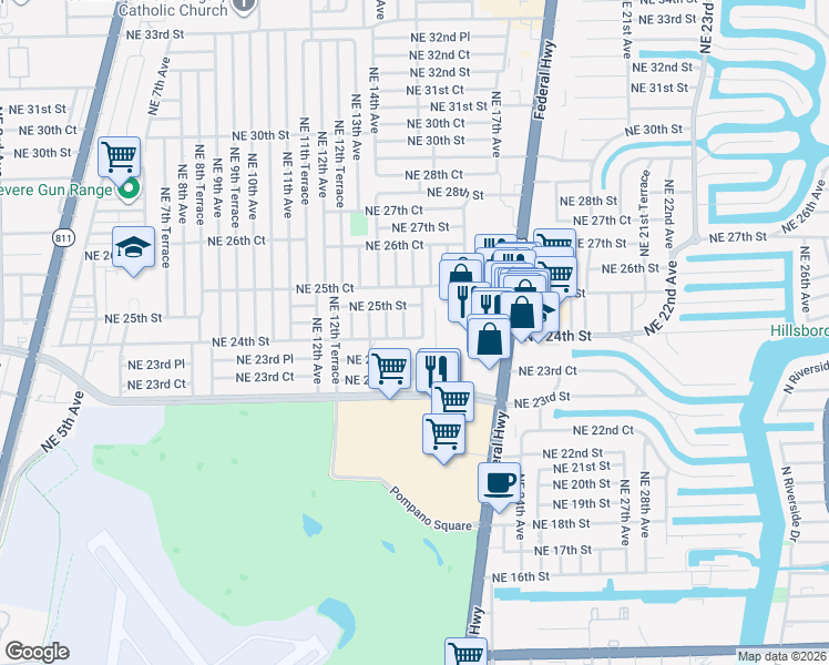 map of restaurants, bars, coffee shops, grocery stores, and more near 2481 Northeast 15th Avenue in Pompano Beach