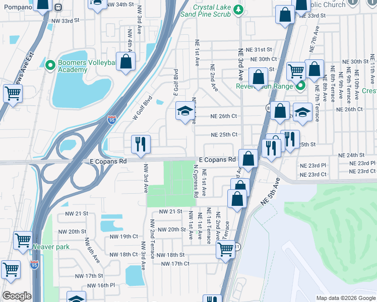 map of restaurants, bars, coffee shops, grocery stores, and more near 101 Northwest 1st Avenue in Pompano Beach