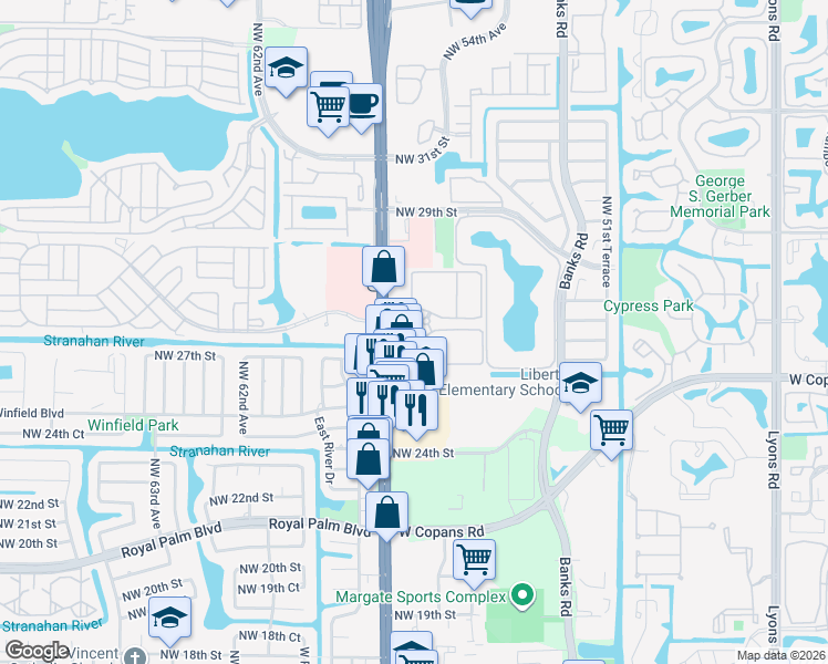map of restaurants, bars, coffee shops, grocery stores, and more near 5500 Celebration Pointe Boulevard in Margate