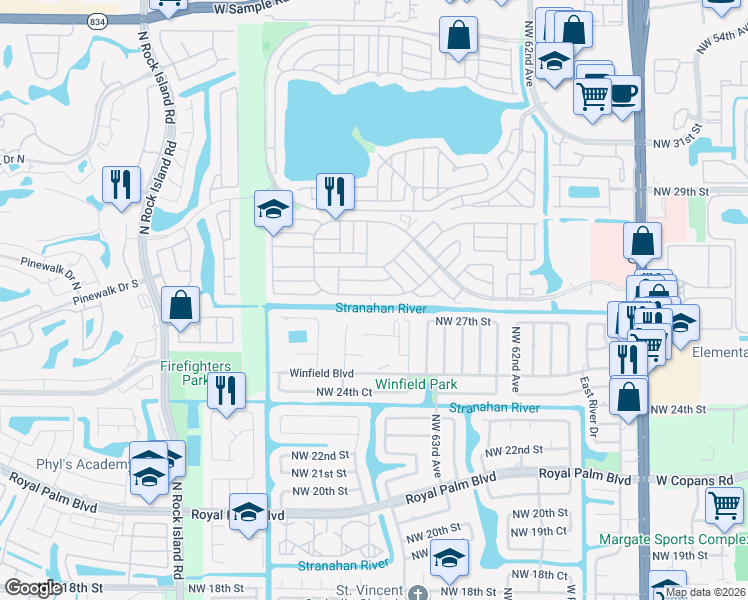 map of restaurants, bars, coffee shops, grocery stores, and more near 6529 Northwest 28th Court in Margate