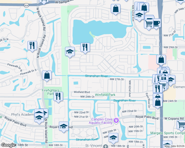 map of restaurants, bars, coffee shops, grocery stores, and more near 6524 Northwest 29th Street in Margate
