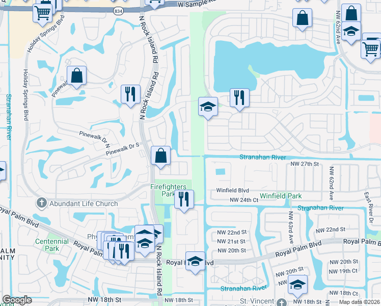 map of restaurants, bars, coffee shops, grocery stores, and more near 6813 Northwest 28th Court in Margate