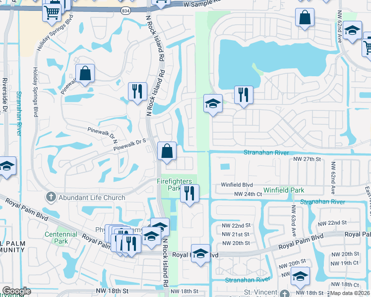 map of restaurants, bars, coffee shops, grocery stores, and more near 2825 Northwest 68th Lane in Margate