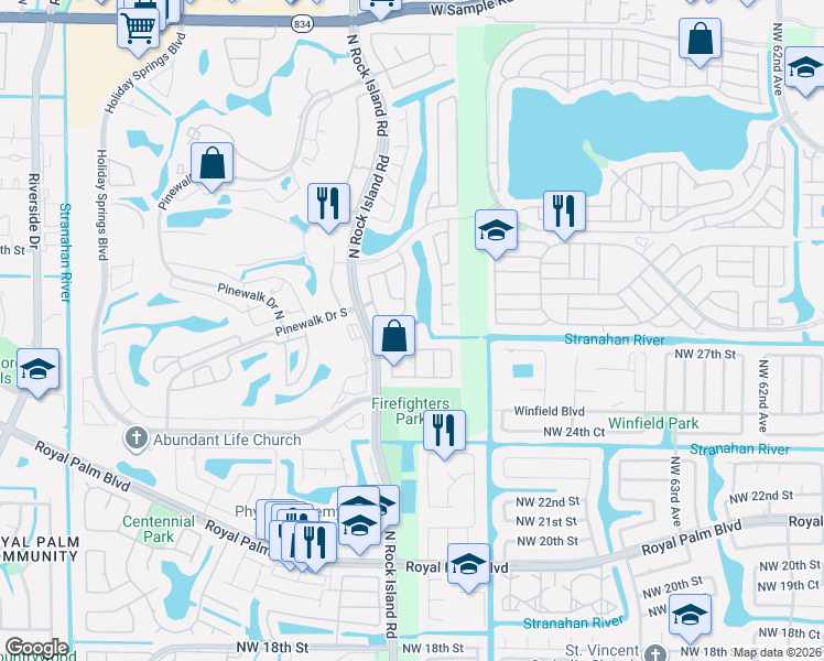 map of restaurants, bars, coffee shops, grocery stores, and more near 2825 Northwest 68th Lane in Margate
