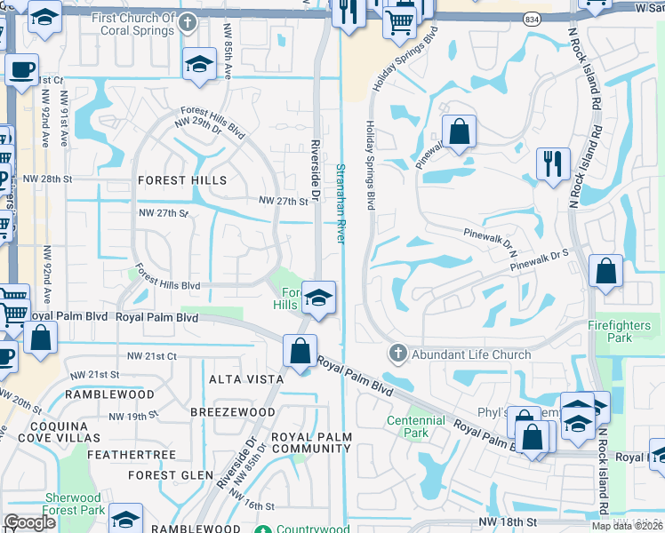 map of restaurants, bars, coffee shops, grocery stores, and more near 2583 Riverside Drive in Coral Springs