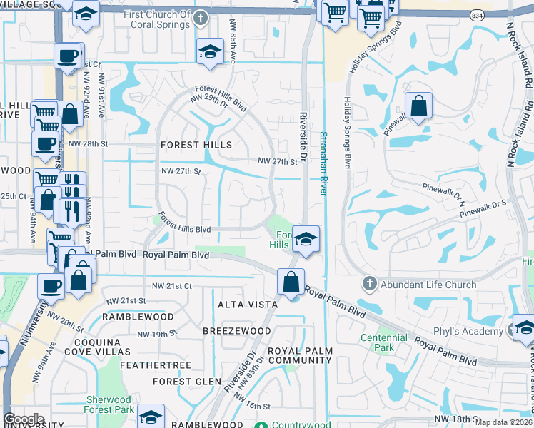 map of restaurants, bars, coffee shops, grocery stores, and more near 8400 Northwest 26th Drive in Coral Springs