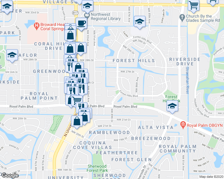 map of restaurants, bars, coffee shops, grocery stores, and more near 8974 Northwest 25th Court in Coral Springs