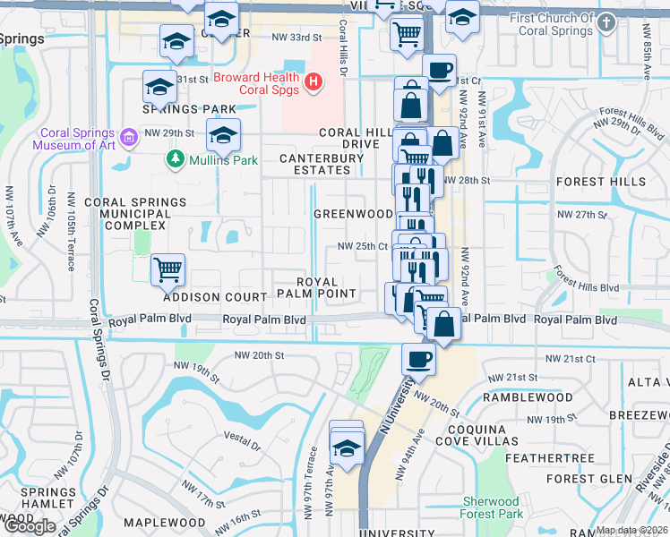 map of restaurants, bars, coffee shops, grocery stores, and more near 9626 Northwest 25th Court in Coral Springs