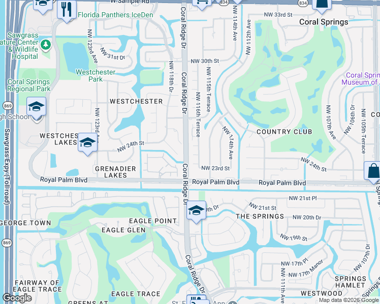 map of restaurants, bars, coffee shops, grocery stores, and more near 11605 Northwest 25th Street in Coral Springs