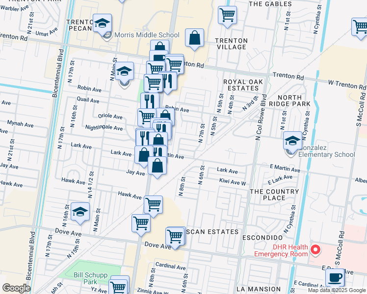 map of restaurants, bars, coffee shops, grocery stores, and more near 712 Nightingale Avenue in McAllen