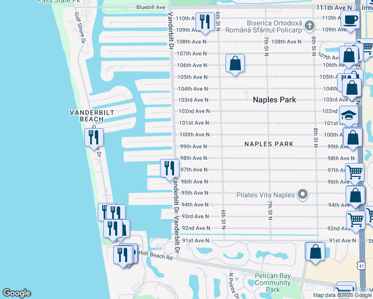map of restaurants, bars, coffee shops, grocery stores, and more near 530 100th Avenue North in Naples