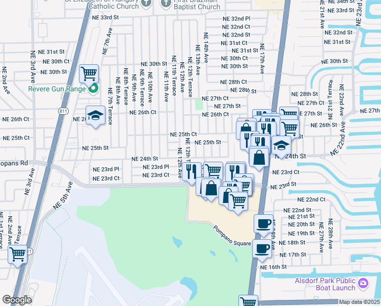 map of restaurants, bars, coffee shops, grocery stores, and more near 2480 Northeast 12th Terrace in Pompano Beach