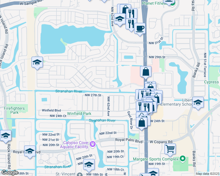 map of restaurants, bars, coffee shops, grocery stores, and more near 2801 Northwest 62nd Avenue in Margate