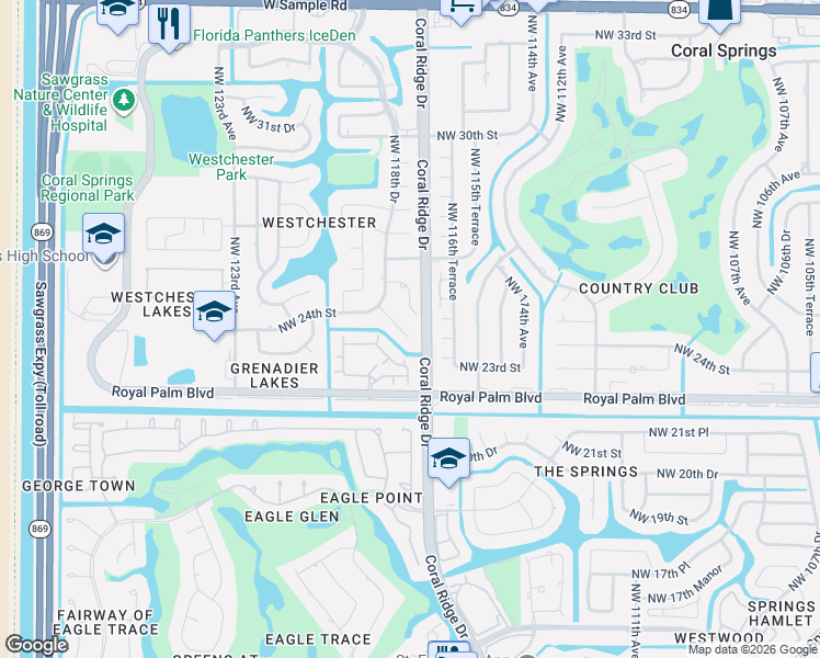 map of restaurants, bars, coffee shops, grocery stores, and more near 11720 Northwest 26th Street in Coral Springs