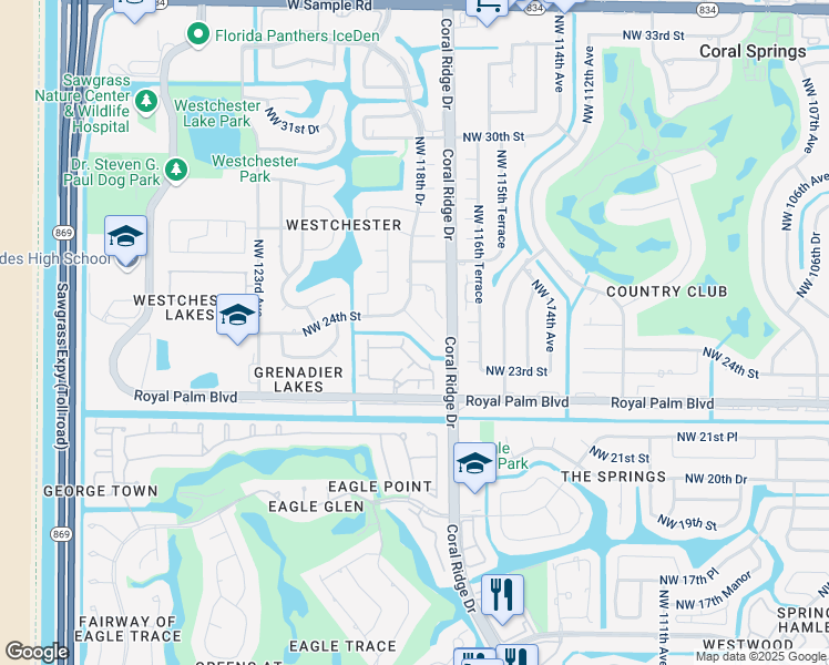 map of restaurants, bars, coffee shops, grocery stores, and more near 11720 Northwest 26th Street in Coral Springs