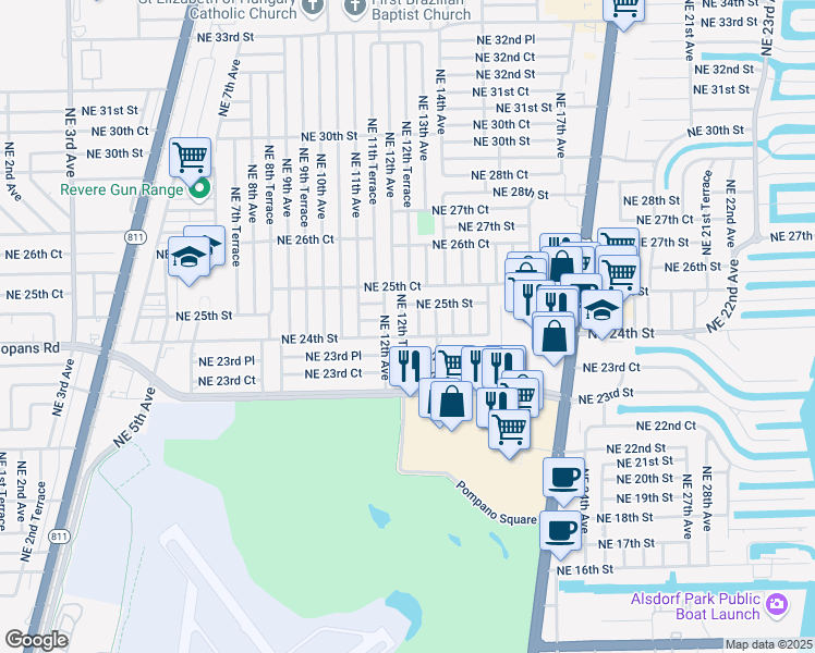 map of restaurants, bars, coffee shops, grocery stores, and more near 2480 Northeast 12th Terrace in Pompano Beach