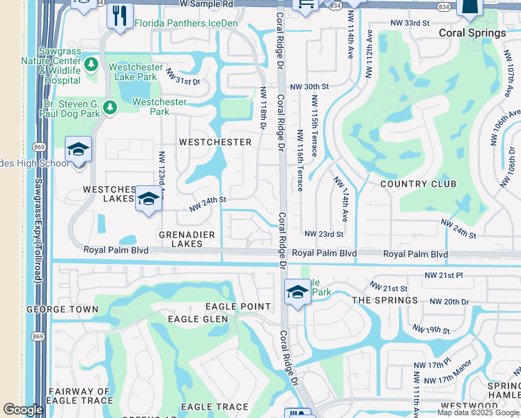 map of restaurants, bars, coffee shops, grocery stores, and more near 11720 Northwest 26th Street in Coral Springs