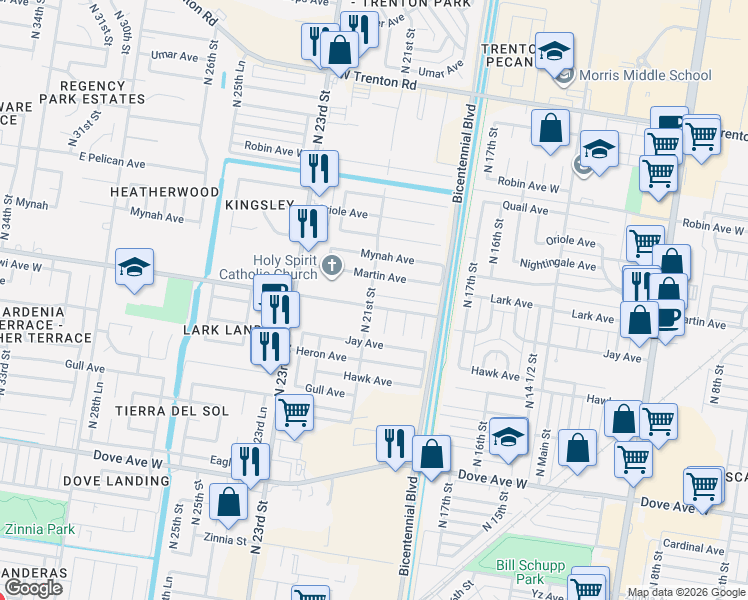 map of restaurants, bars, coffee shops, grocery stores, and more near 2025 Martin Avenue in McAllen