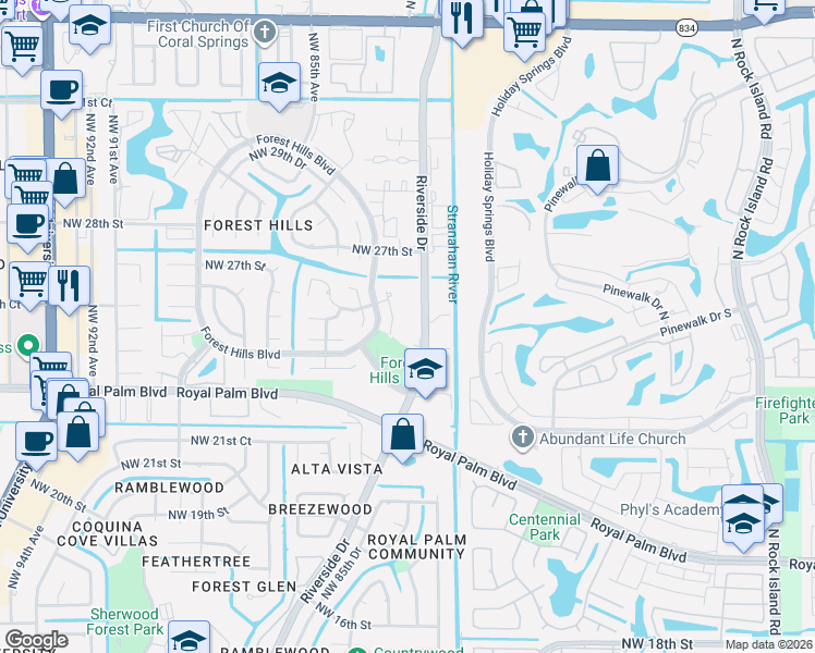 map of restaurants, bars, coffee shops, grocery stores, and more near 2555 Northwest 82nd Terrace in Coral Springs