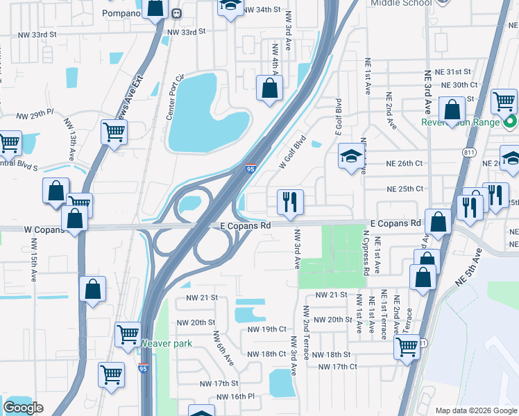 map of restaurants, bars, coffee shops, grocery stores, and more near 2475 West Golf Boulevard in Pompano Beach