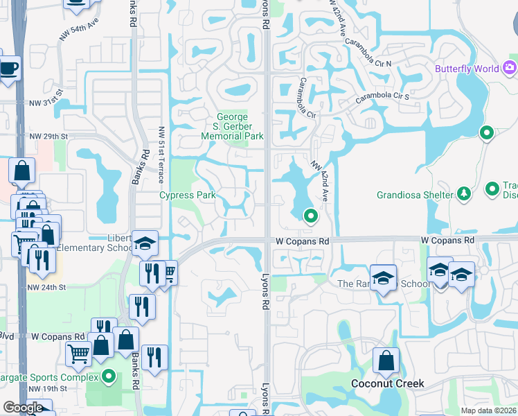 map of restaurants, bars, coffee shops, grocery stores, and more near 2560 Calamondin Circle in Coconut Creek