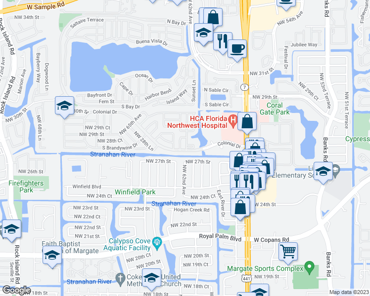map of restaurants, bars, coffee shops, grocery stores, and more near 2801 Northwest 62nd Avenue in Margate