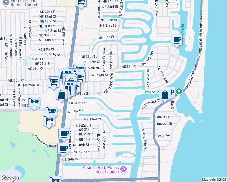 map of restaurants, bars, coffee shops, grocery stores, and more near 2228 Northeast 25th Street in Lighthouse Point