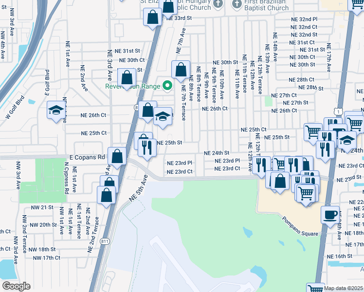 map of restaurants, bars, coffee shops, grocery stores, and more near 630 Northeast 25th Street in Pompano Beach