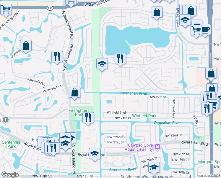 map of restaurants, bars, coffee shops, grocery stores, and more near 6601 South Brandywine Drive in Margate