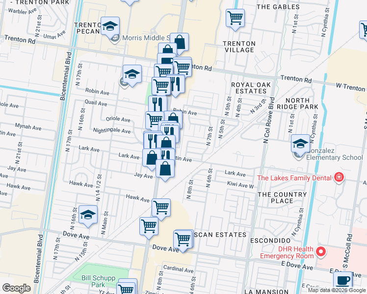 map of restaurants, bars, coffee shops, grocery stores, and more near 6521 North 8th Street in McAllen