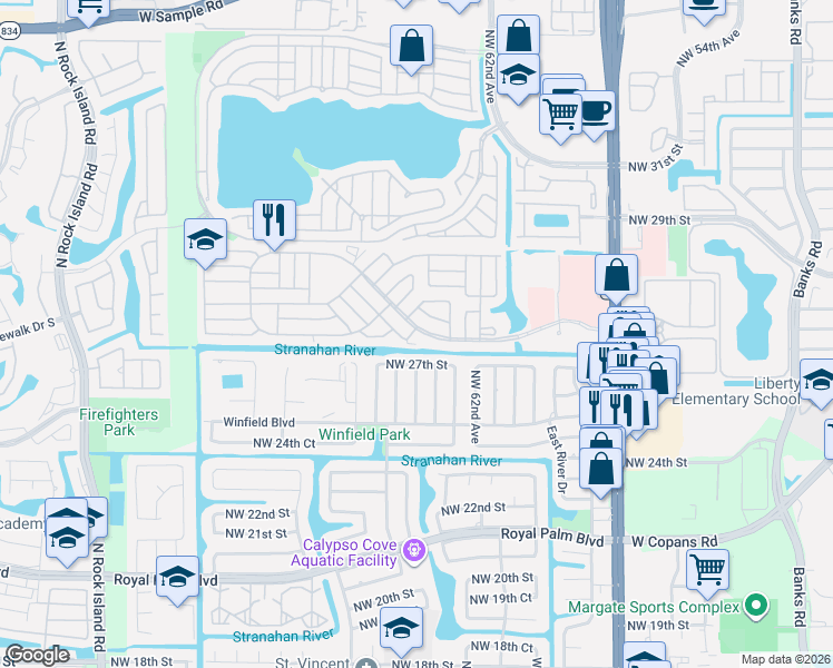 map of restaurants, bars, coffee shops, grocery stores, and more near 6314 Northwest 28th Court in Margate