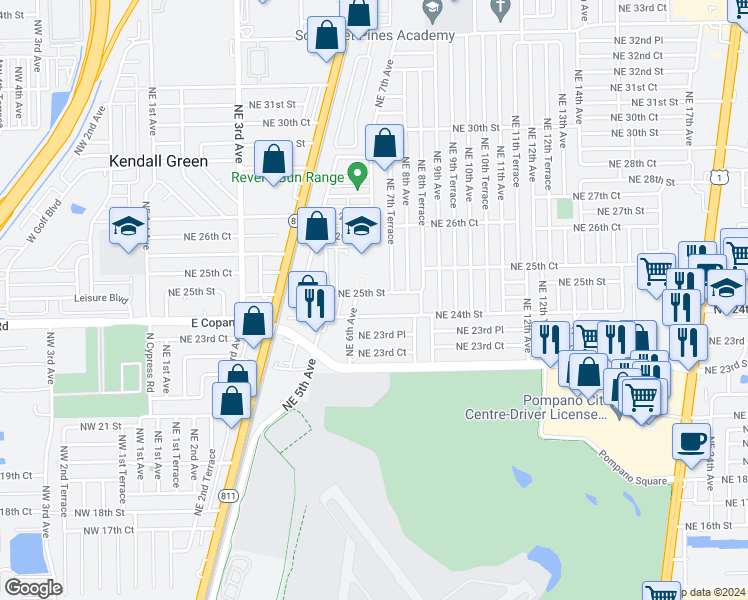 map of restaurants, bars, coffee shops, grocery stores, and more near 630 Northeast 25th Street in Pompano Beach