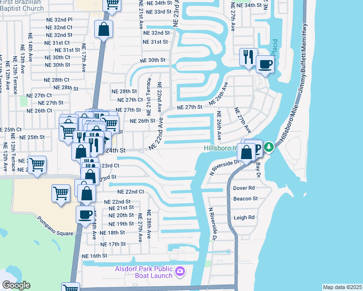 map of restaurants, bars, coffee shops, grocery stores, and more near 2328 Northeast 25th Street in Lighthouse Point