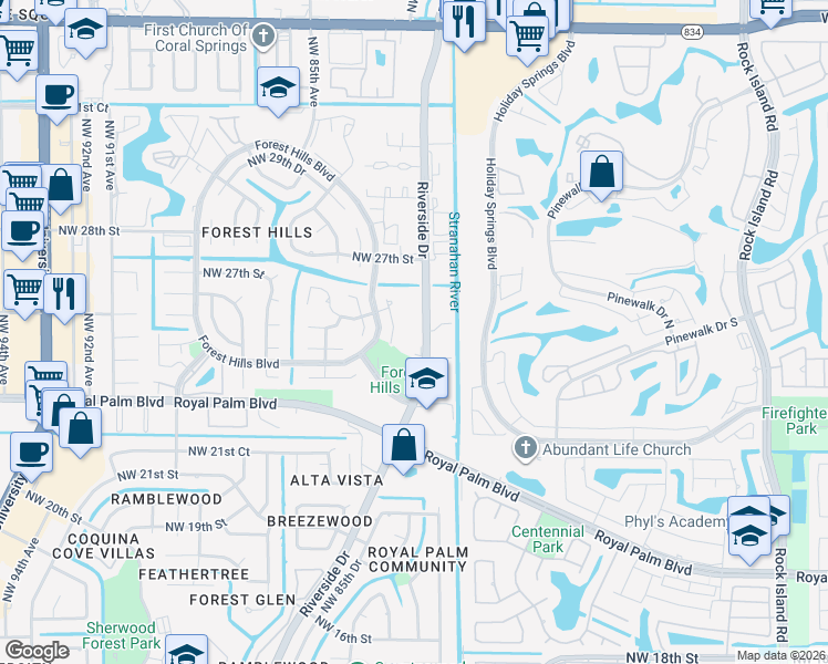 map of restaurants, bars, coffee shops, grocery stores, and more near 2555 Northwest 82nd Terrace in Coral Springs