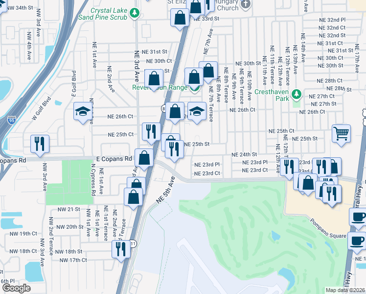 map of restaurants, bars, coffee shops, grocery stores, and more near 2500 Northeast 5th Avenue in Pompano Beach